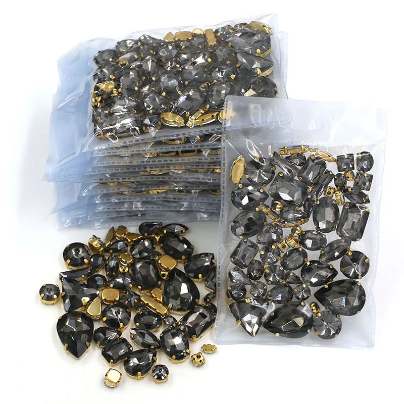 New arrival Wholesale 5 bags mixed shape sew on glass crystal Gray  rhinestones gold base for clothing/dress