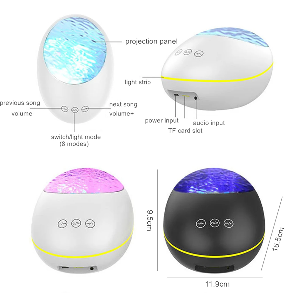 USB LED Night Lights Projector Lamp Ocean Wave Bluetooth Bedside Lamp 8 Colors Changing Music Player Remote Control Night Lamps