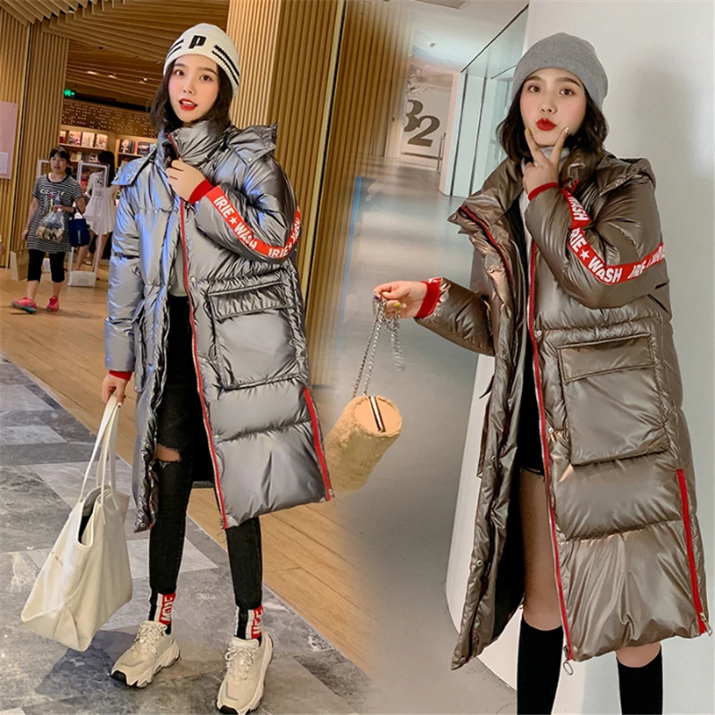 

Long Glossy Parka Women 2023 Winter Jacket Women's Coats Hooded Coats Female Parka Thick Cotton Padded Jacket Coat Female Coats