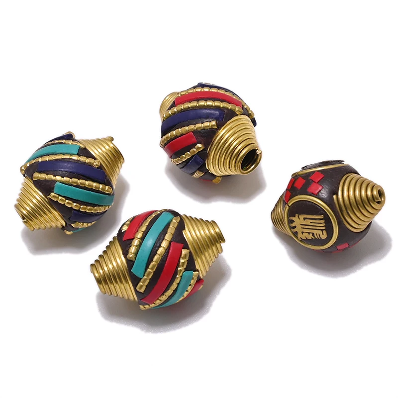 TZ-J Screw Spindle Handmade Flat Round Nepal Beads Tibetan Letter Beads Antique Golden Red Clay For DIY Tibetan Jewelry Making