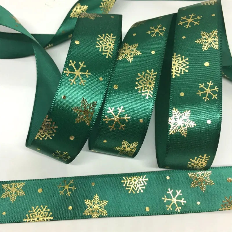 2.5cm 5Y Christmas Snowflakes Stars Gold Foil Printed Satin Ribbon For Handmade DIY Craft Party Wedding Gift Floral Packing