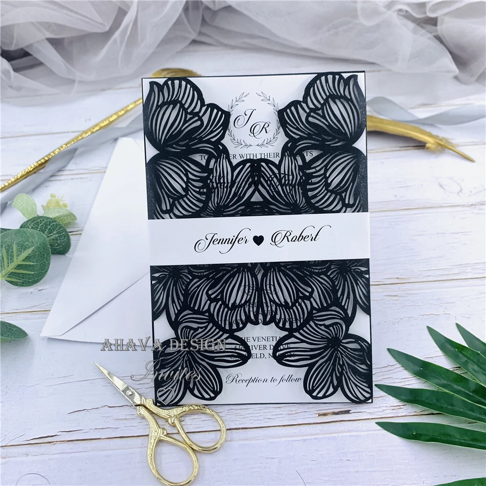 

Graceful Black Shimmery Laser Cut Wedding Invitation With Personalized Belly Band