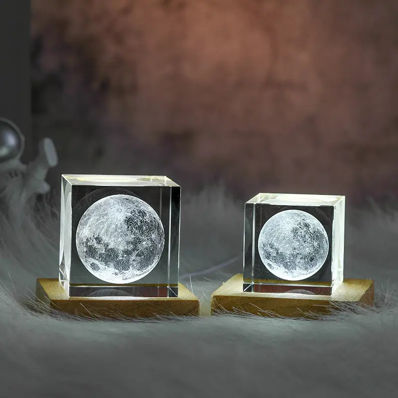 3D Moon Solar Galaxy System Model Paperweight Laser Etched Crystal Glass Cube LED Night Light Desktop Room Decor Creative Gifts