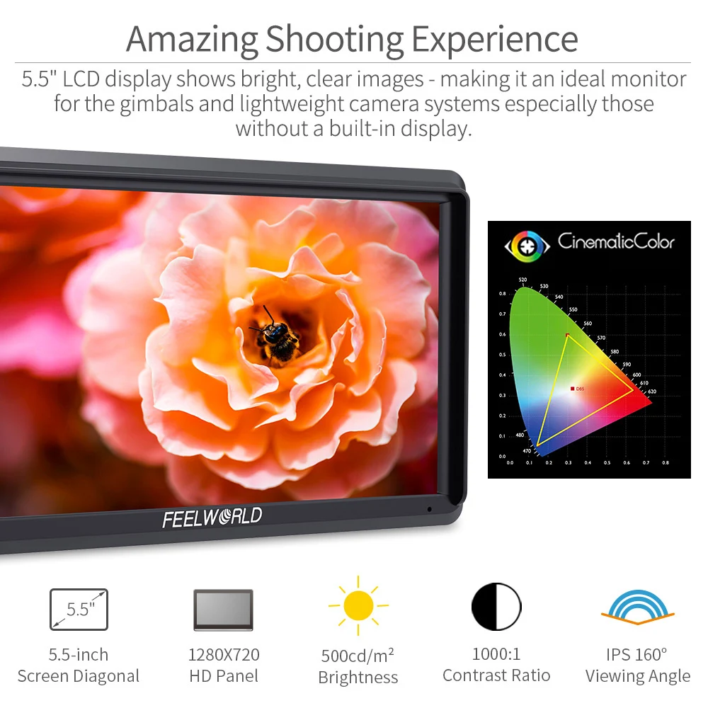 FEELWORLD S55 5.5 Inch DSLR Camera Field Monitor Focus Assist Small HD 1280x720 IPS with 4K HDMI 8.4V DC Out Tilt Arm