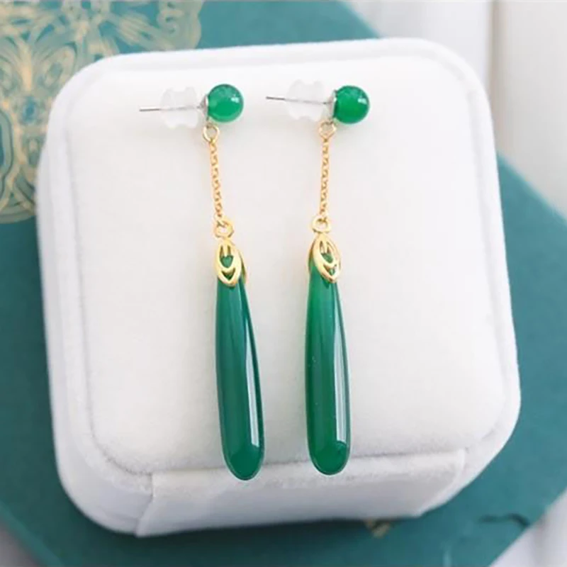 Original new silver inlaid natural green chalcedony geometric earrings Chinese style retro design charm ladies jewelry