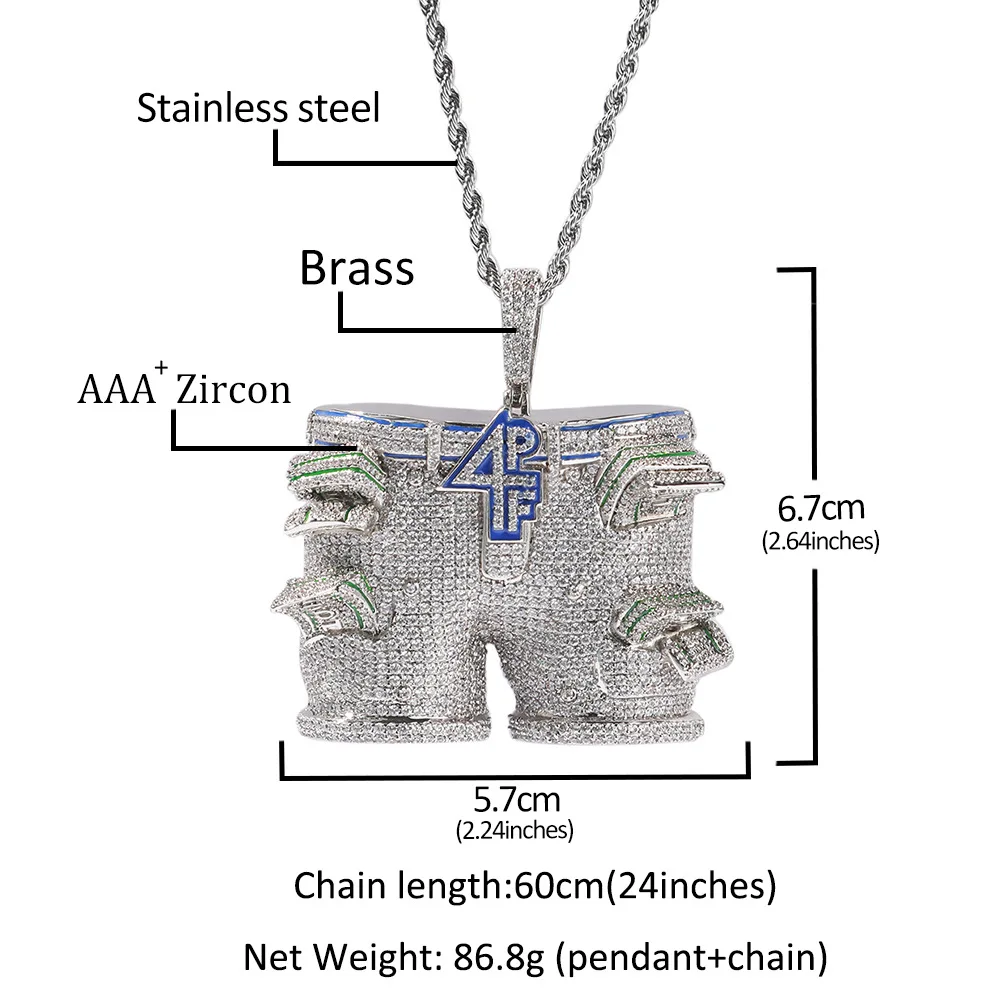 Hip Hop Micro Paved 3A+ Cubic Zirconia Bling Iced Out Big 4PF Pants Dollars Pendants Necklaces for Men Rapper Jewelry