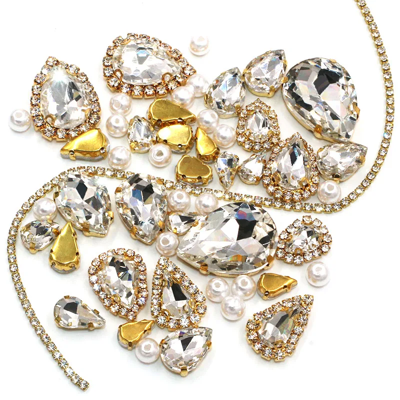 

Wedding Decoration gold base White Mix size Glass Crystal Stones Pearl Beads Cup Chain Rim Rhinestones Sew On Clothing/Dress