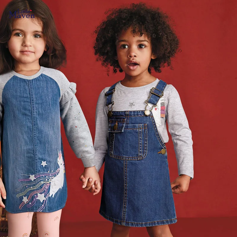 Merk Kwaliteit Terry Katoen Denim Jean Kinder Kleding Prinses Casual Jurken Voor Meisjes Baby Meisje Kleding Jurk Eenhoorn