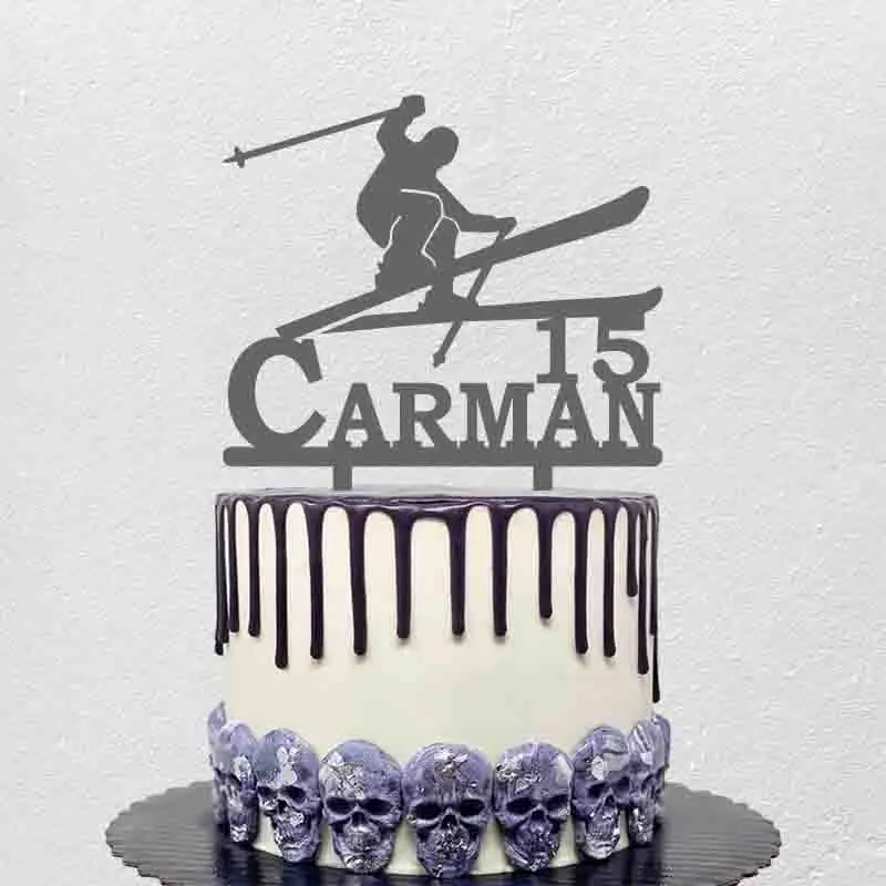 Personalized Skiing Cake Topper Custom Name Age Man Skiing Silhouette Winter Skiing Fans Birthday Party Cake Decoration Topper