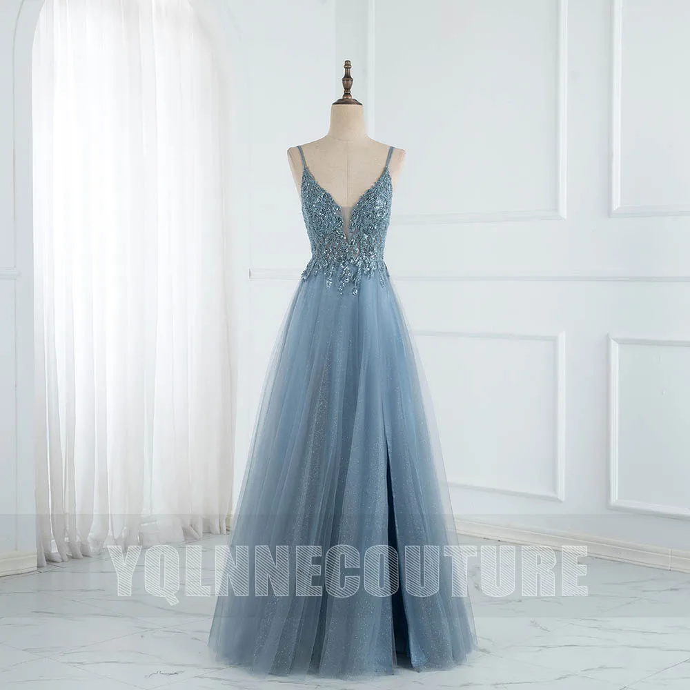 YQLNNE Dusty Blue Crystals Tulle Long Prom Dresses Straps Beaded Backless Floor Length Sexy Party Gown Slit Real Photos