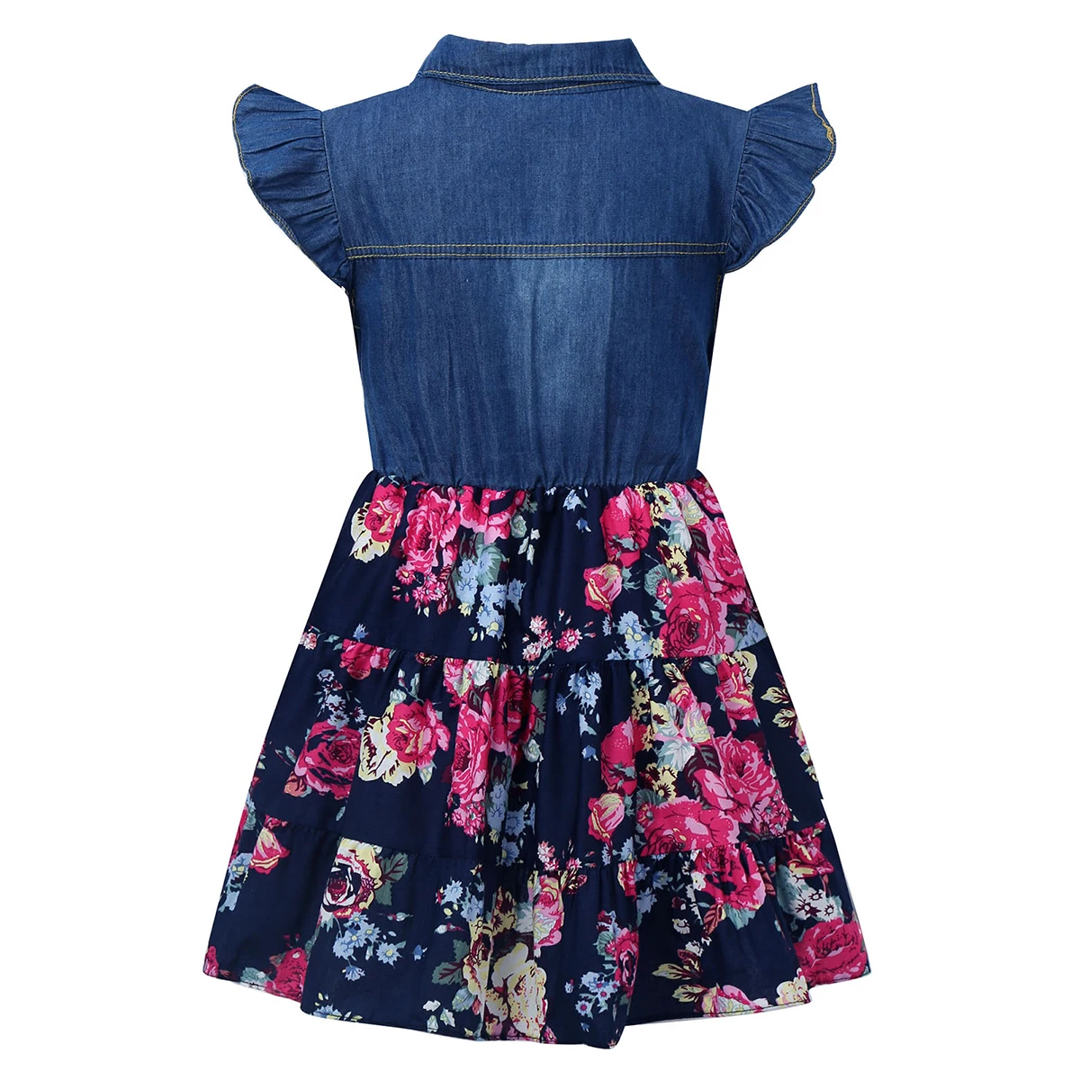 New Teen Kids Girls Dresses Flying Sleeve Denim Floral Print A-line Dress Casual Party Princess Dress Summer Children Clothing