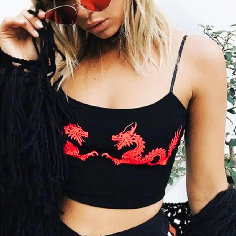 Women's Casual Dragon Pattern Crop Tops, Summer Cropped, Sexy Tight, Attractive Fitness, Polyester U Neck, Sleeveless Straps