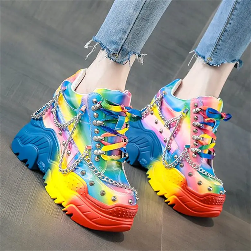 Spike Studded Fashion Sneakers Women Cow Leather High Heels Motorcycle Ankle Boots Female Platform Pumps Wedge High Heels