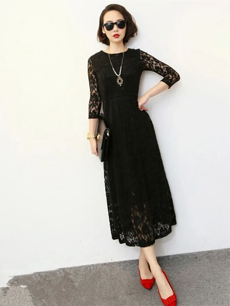 Free Shipping Customized 2021 New Plus Size Long Black And White Lace Cotton Three Quarter Sleeve One-piece Dresses High Quality