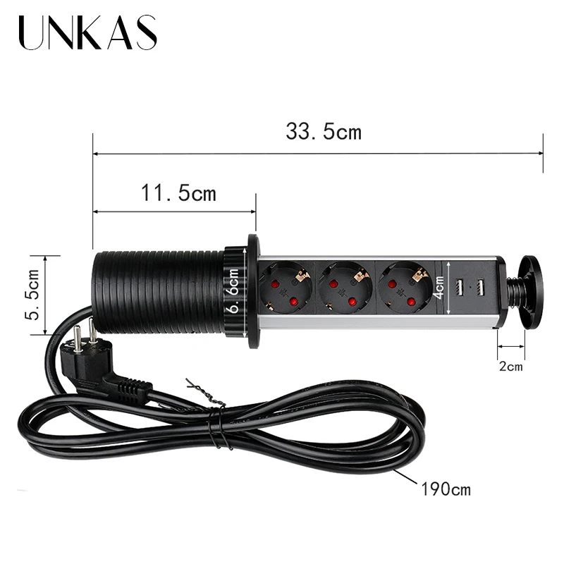 UNKAS 16A PULL POP UP 3 Power EU Socket New Black Color Port Kitchen Table Desktop Sockets Retractable Countertops French Plug