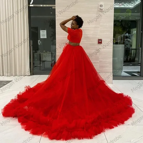 Amazing Bright Red A-Line Pleated Tulle Wedding Skirt With Long Train Women Maxi Skirt Court Train Prom Gown Photo Shoot Skirts