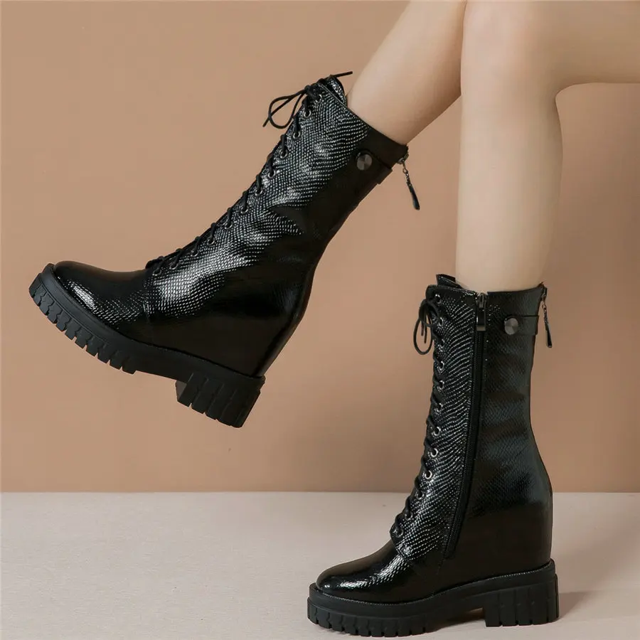 

Fashion Sneakers Women Lace Up Genuine Leather Wedges High Heel Ankle Boots Female Round Toe Platform Pumps Shoes Casual Shoes