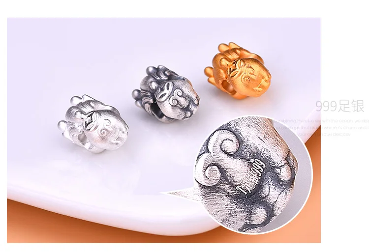 3D 100% 999 Silver Baby-Pixiu Bead Pure Silver Lucky Fengshui Animal Beads Wealth Piyao Beads DIY Bracelet Beads