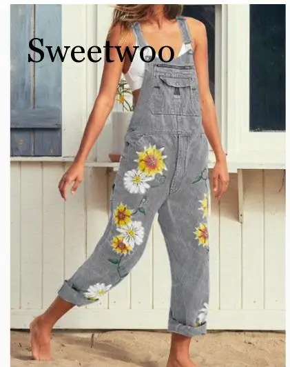 Frauen Lange Hosen Druck Denim Overall Romper Overalls Straps Overall Herbst Damen Casual Lose Plus Größe Overalls