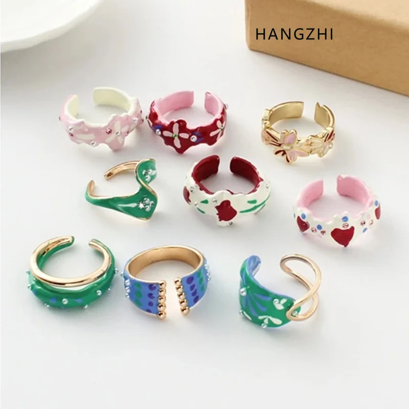 INES New Color Drip Oil Enamel Rhinestone Irregular Geometric Open Adjustable Rings Fashion Jewelry for Women Men HANGZHI 2021