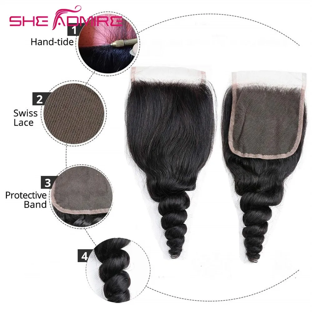 She Admire-extensiones de cabello humano con ondas sueltas, accesorio con cierre de encaje de 4x4, 2x6, 5x5, 6x6, prearrancado, 13x4