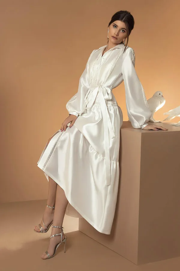 Robe De mariée en Satin perlée, veste, col en V, manches longues, coupe trapèze, sur mesure, ceinture, bon marché, 2020