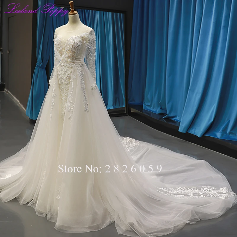 Suknie ślubne syreny z makiem islandzkim, szyte na miarę, 2-częściowe, z długimi rękawami, zdobione koralikami i koronką, z odpinanym trenem.