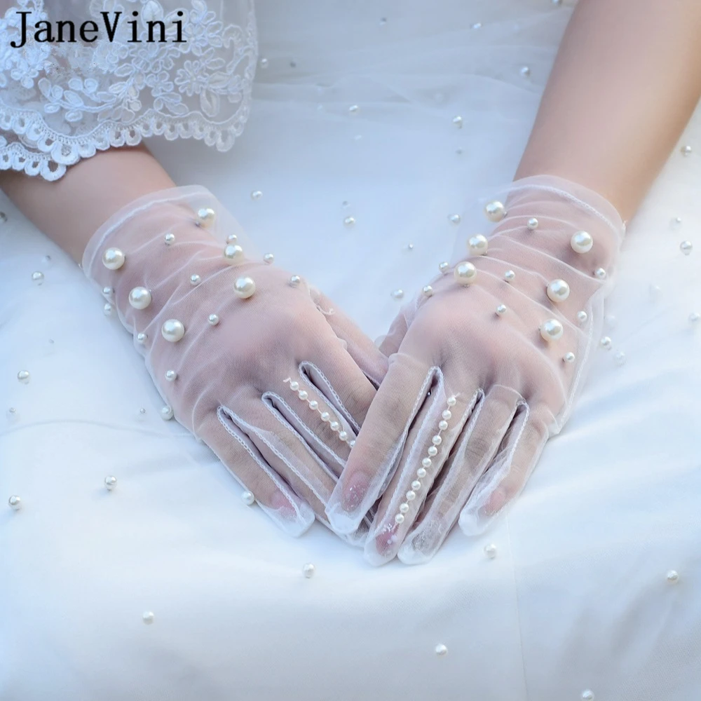 JaneVini 2021 Elegante Weiße Kurze Hochzeit Handschuhe für Braut Volle Finger Handgelenk Länge mit Perlen Gant Tüll Hochzeit Zubehör