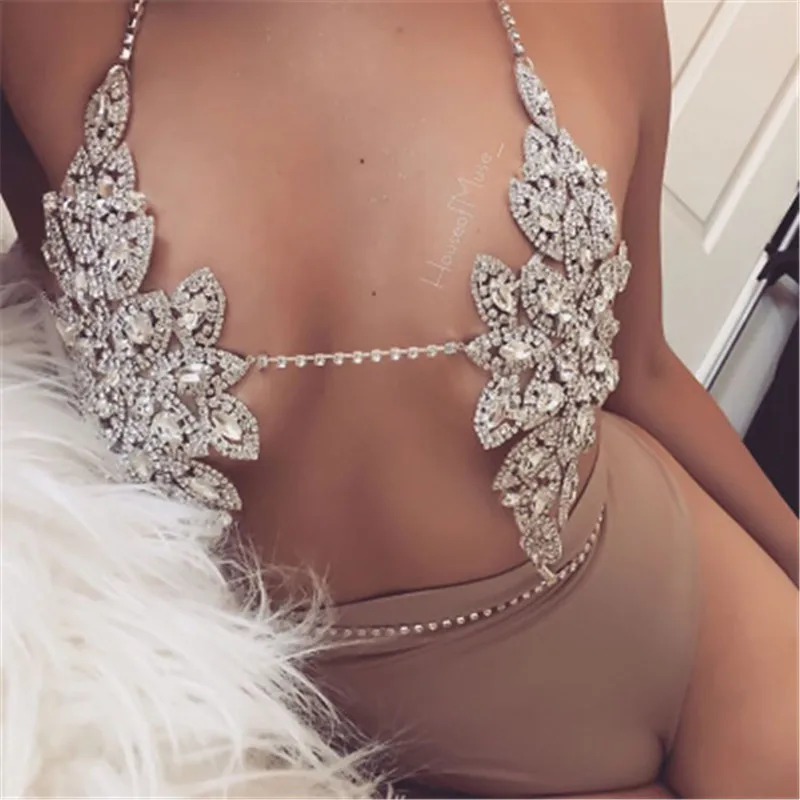 MYDANER Fashion Jewelry Boho Luxury Crystal Rhinestone Flowers Sexy Body Statement Necklace Bra Chains Summer Brassiere Women