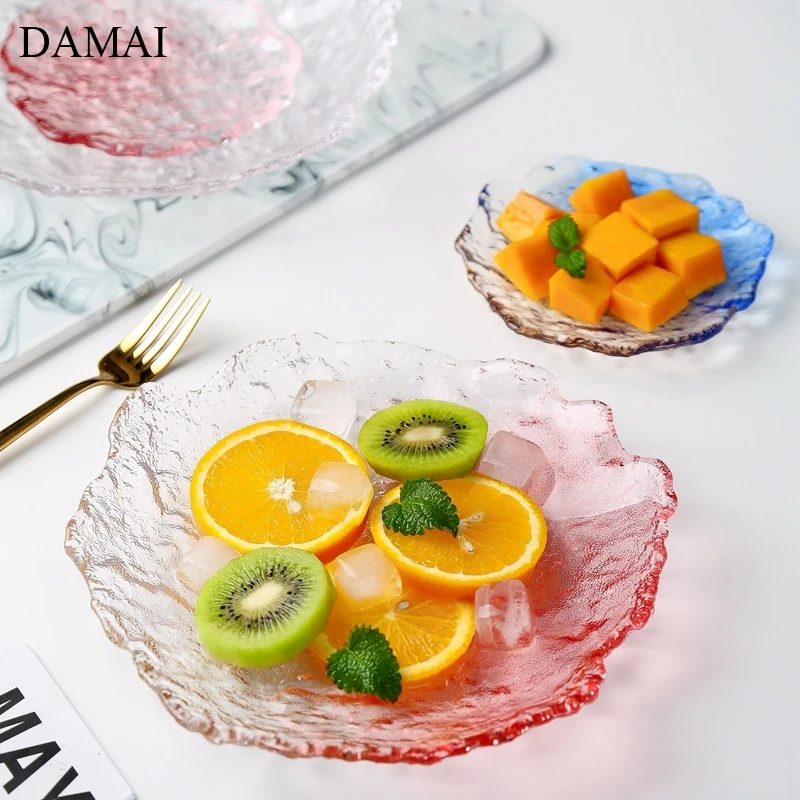 Japanese Gradual Change Glass Plates Ice Dew Relief Craft Decorative Water Cup Tea Trays Home Afternoon Tea Fruit Salad Plate