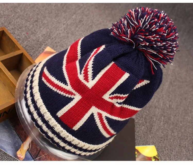 Fashion Casual USA Star And Striped Flag Beanies Women Men Autumn Winter Pom Poms Ball Knitted Cap British Flag Beanies