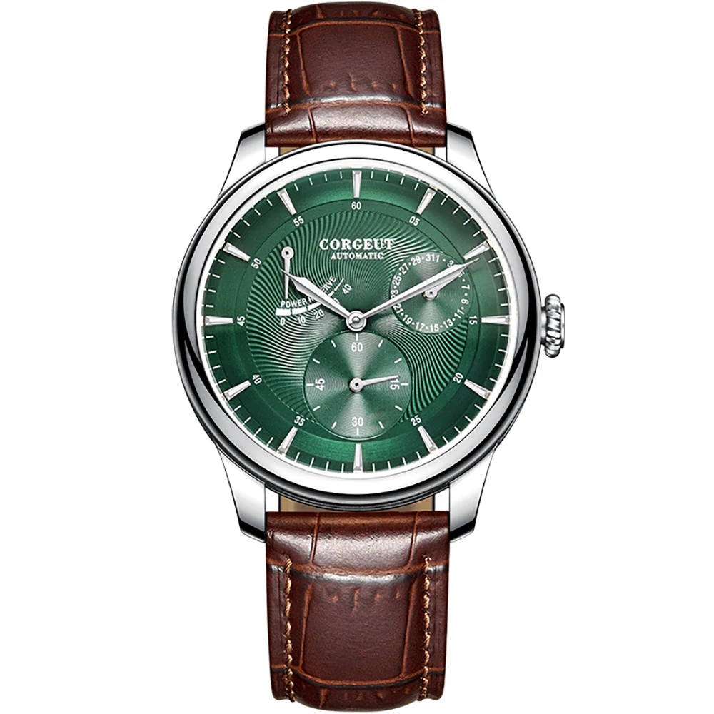 CORGEUT Relogio Masculino Men\'s Watch Mechanical Watch Seagull Waterproof Green Dial Watch Brushed Multifunction Automatic