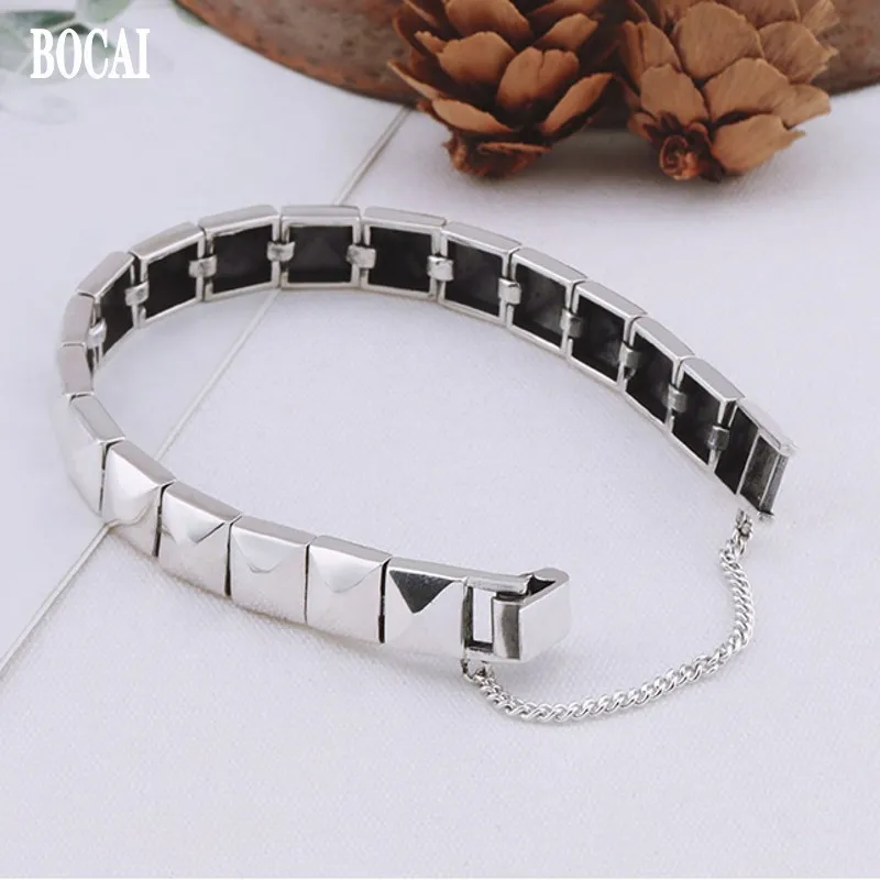 BOCAI 100% s925 Silver Jewelry Retro Geometric Shape 2021 Fashion Trend Personality Punk Dark Square Men's and Women's Bracelet