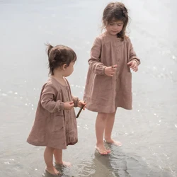 Girls Cotton And Linen Retro Long-Sleeved Dress 2024 Spring Autumn New Baby Girl Button Down Pocket Casual Linen Dresses TZ010