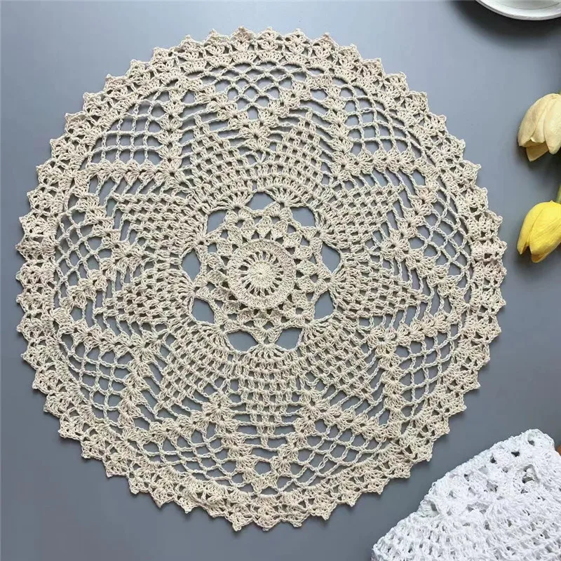 40CM Round Luxury White Beige Cotton Crochet Flowers Lace Table Cloth Dining Placemat Coffee Tea Cup Mat Wedding Christmas Pad