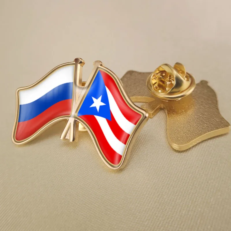 Puerto Rico and Russian Federation Crossed Double Friendship Flags Lapel Pins Brooch Badges