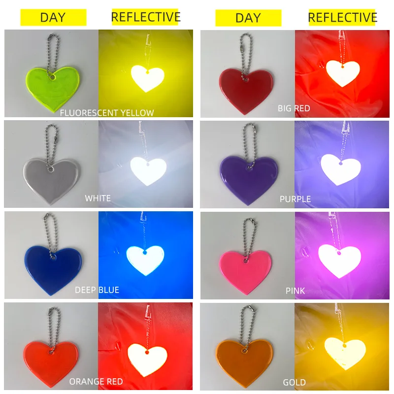 Hot 10Pcs Cute Heart Safety Reflector Reflective Keychain Bag Pendant Accessories for Jackets Backpack Strollers Wheelchairs