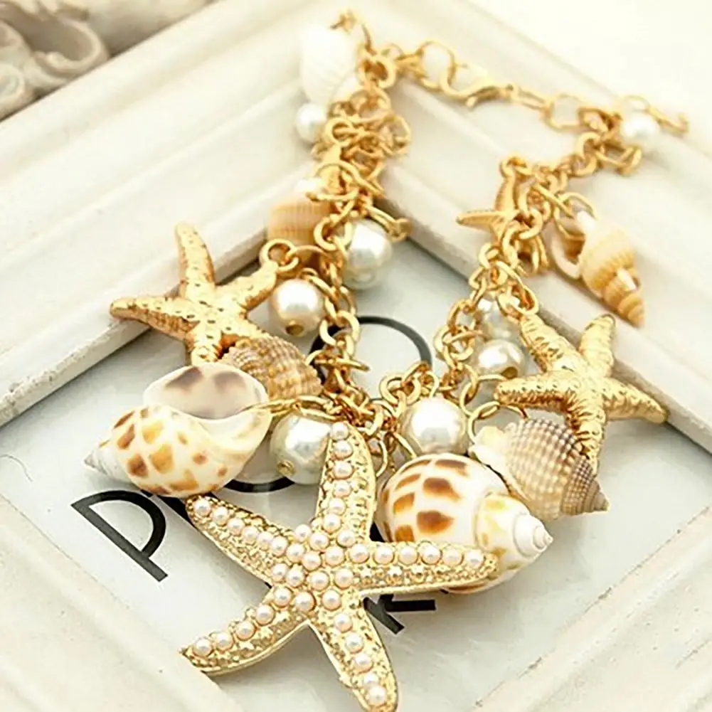 Women Beach Bracelet Cute Adjustable Gold Plated Ocean Faux Pearl Shell Starfish Link Chain Beach Bracelet