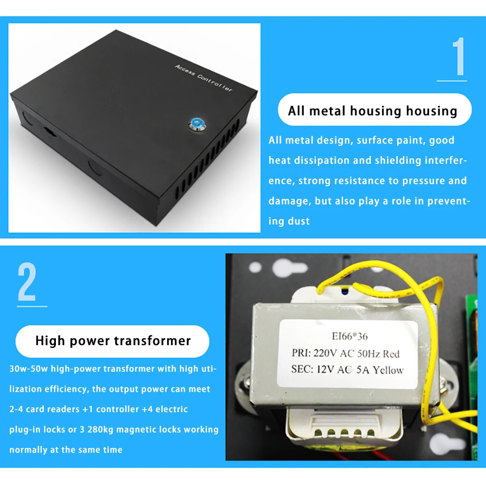 1/2/4 Door Office Entry System TCP/IP Access Control Panel Board with DC12V 5A Metal Power Supply Converter Box