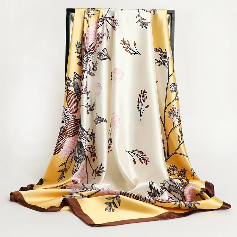 90*90Cm Vierkante Zijden Sjaal Vrouwen Fashion Designer Mooie Bloemen Foulard Soft Satin Shawl Hoofddoek Sjaals Hals Hoofddoek