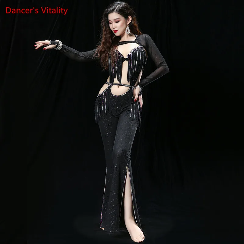 Belly Dance Set Tassel Bra+Coat+Pants 3 Pcs Competition Clothes  Female Top Trousers Profession Performance Clothing Suit