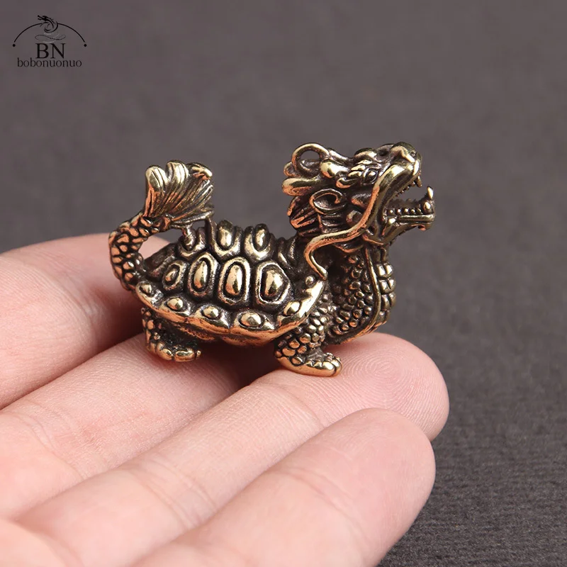 Chinese Handcraft Jewelry Dragon Turtle Solid Brass Miniature Figurine Antique Copper Antique Beast Animal Statue Ornament Decor