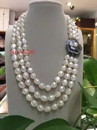 New Elegant lady\'s big 3row 9-10mm baroque white freshwater pearl necklace 18-19-20\