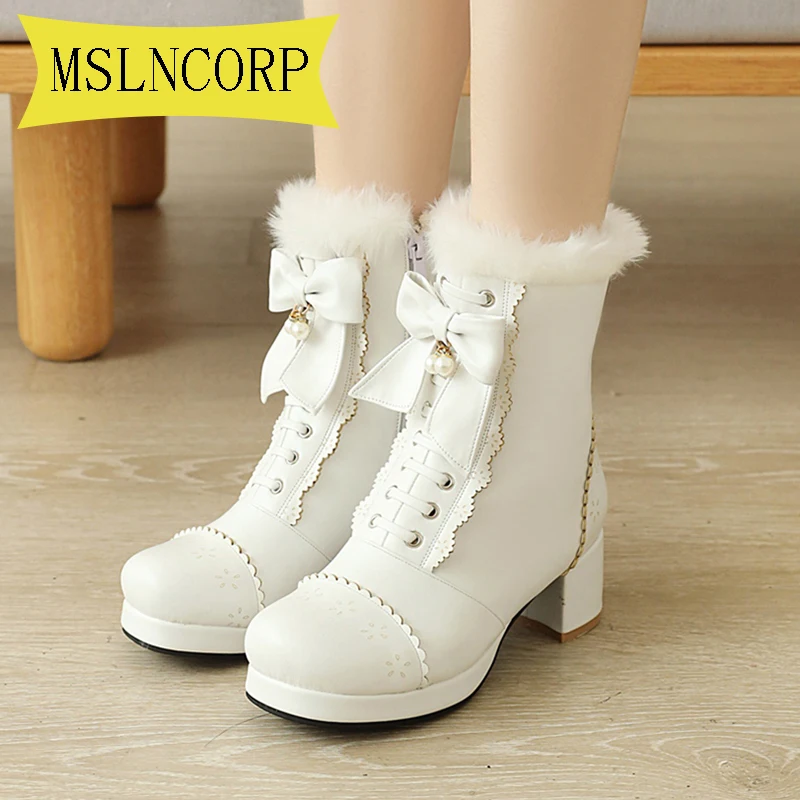 

Plus Size 34-43 Lolita Ankle Boots Women Winter New 2020 Bowknot Non-slip Ladies' Boots Lovely Thick Hair Warm Winter Snow Boots