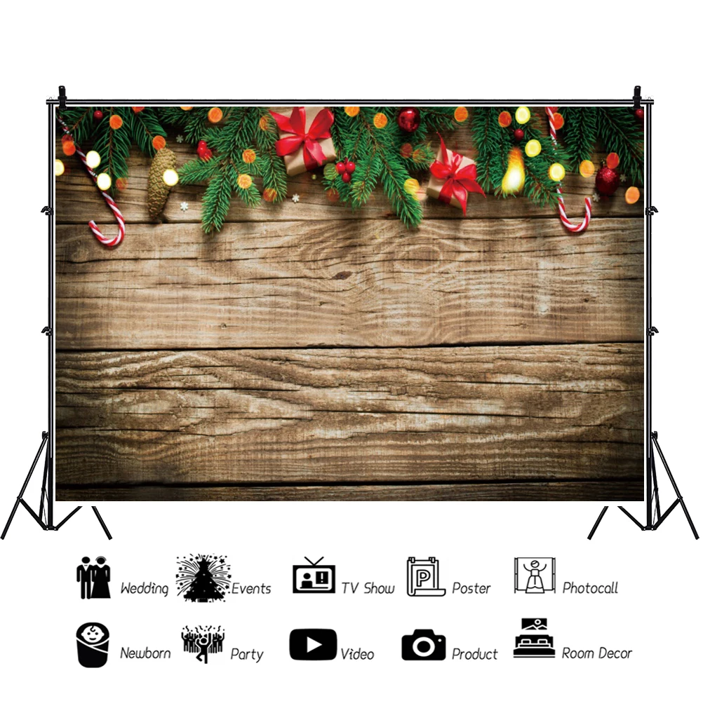 Laeacco sfondo in legno decorazioni per feste di natale Photocall per bambini luce Bokeh pino regalo Poster fondali fotografici personalizzati