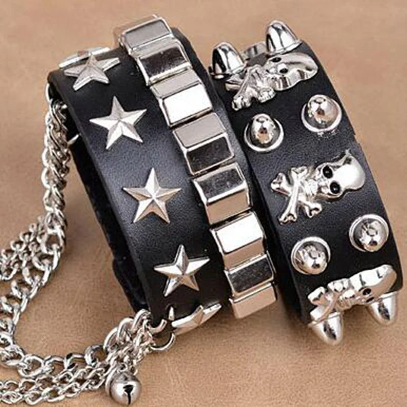 2021 Skull Rivet Hip-Hop Hip Rock bracciale multistrato in pelle metallo pentagramma bracciale a mano bracciale largo da uomo con catena