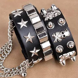 2021 Skull Rivet Hip-Hop Hip Rock bracciale multistrato in pelle metallo pentagramma bracciale a mano bracciale largo da uomo con catena