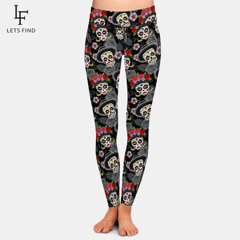 LETSFIND 2020 Fashion High Waist Women Leggings 3D Male and Female Sugar Skulls Digital Printing Soft Fitness Slim Full Leggings