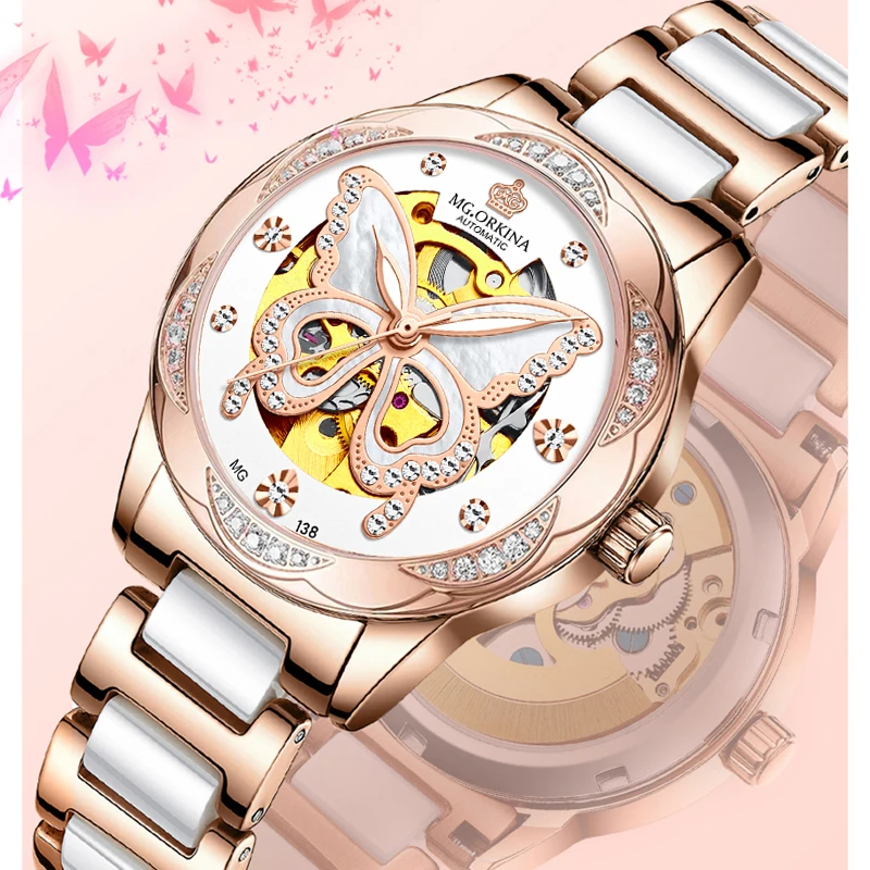 New Fashion Women Mechanical Watch Waterproof Luxury Brand Ladies Automatic WristWatch Ceramic Hollow Design Clock Montre Femme