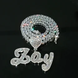 Custom Brush Cursive Iced Out Letter  Pendant with Heart Name Tennis Chain Necklace  Micro Paved CZ Personalized Hiphop Jewelry